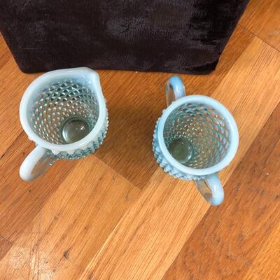 Two Fenton opalescent hobnail cream and sugar mini