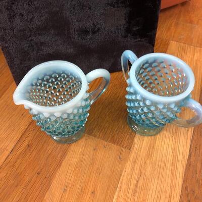 Two Fenton opalescent hobnail cream and sugar mini