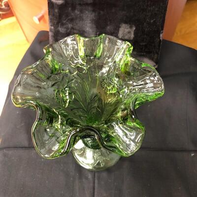 Fenton green flower ruffled vase