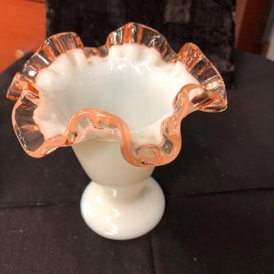 Two Fenton rose crest mini vases
