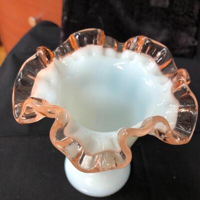 Two Fenton rose crest mini vases