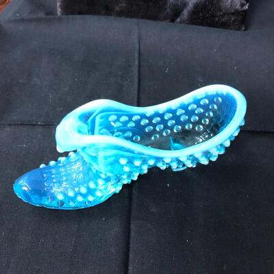 Fenton iridescent blue hobnail shoe