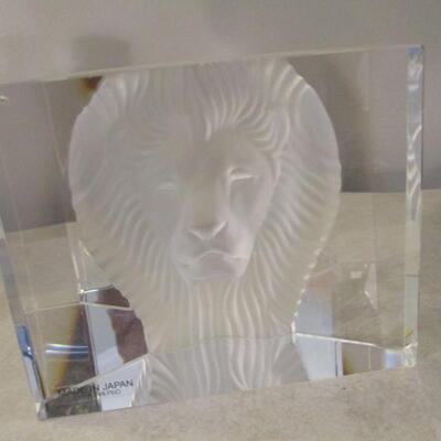 Hoya Japan Crystal Art Glass Lion Head Statue Sculpture Paperweight 