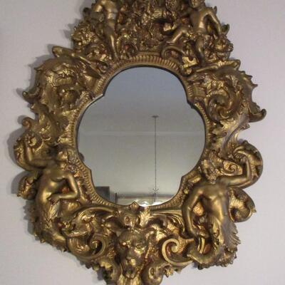Vintage Finesse Gold Gilt Mirror Adam Eve Cherub Angels Devil Large Ornate