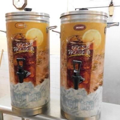 Pair of Commercial NSF Tea Urns with Lids and Spigots