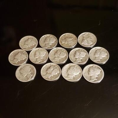 13 various date silver mercury dimes 