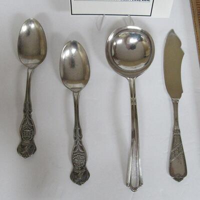 4 Silver Plate Pieces, Luxor Wallace Iris Ladle, 1847 Rogers Newport Spreading Knife, Georgia and Vermont State Spoons