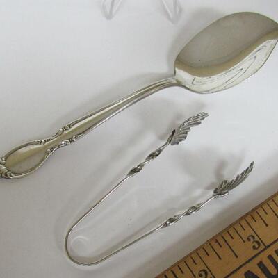 Silver Plate Rogers Bros Precious Mirror 1954 Serving Spoon and Unmarked Vintage Sugar Tongs