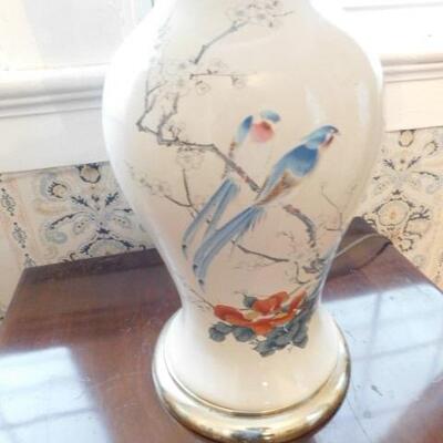 Vintage Hand Painted Ceramic Lamp with Shade Front Parlor