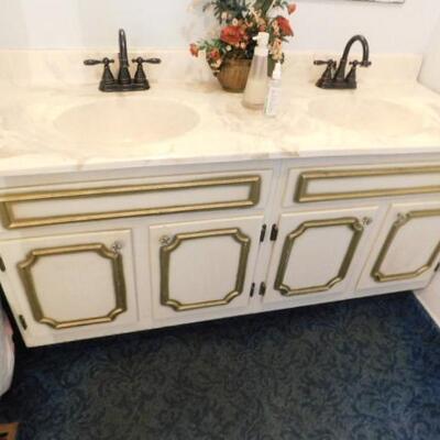 Provincial Design Double Vanity Sink and Cabinet with Fixtures