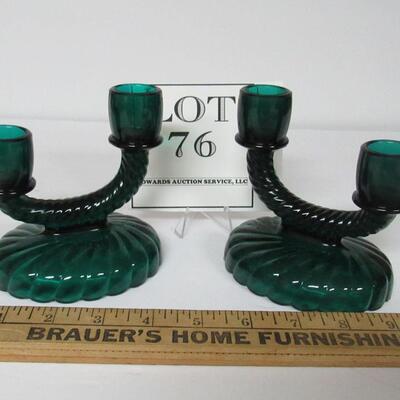 Vintage Teal Colored Imperial Glass Two Lite Candlesticks, Newbound Pattern