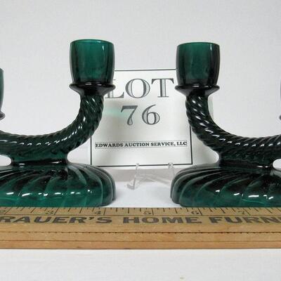 Vintage Teal Colored Imperial Glass Two Lite Candlesticks, Newbound Pattern