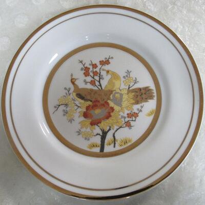 Vintage Japan Peacock Plate and Clear Etched/Cut Glass Bell