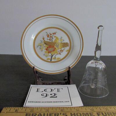 Vintage Japan Peacock Plate and Clear Etched/Cut Glass Bell
