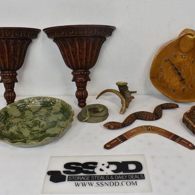 9 pc Decor: 2 clocks, 2 faux snakes, Boomerang, Ceramic Pie Plate
