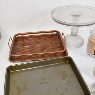 18+ pc Kitchen: Baking Pans, Glass Cake Stand, Ice Cream Dishes, Candle