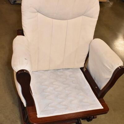 Glider Rocking Chair with Cream Color Cushions. Missing Bottom Cushion