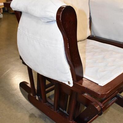 Glider Rocking Chair with Cream Color Cushions. Missing Bottom Cushion