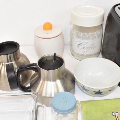 17 pc Kitchen: Toaster, Towels, Coasters, Egg Cooker, Bowls, Coffee Mugs