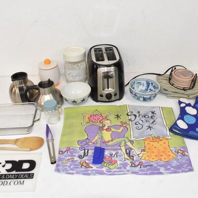 17 pc Kitchen: Toaster, Towels, Coasters, Egg Cooker, Bowls, Coffee Mugs