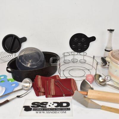 26 pc Kitchen Lot: Crock-Pot, Rolling Pin, Utensils, Plates/Flatware Organizer