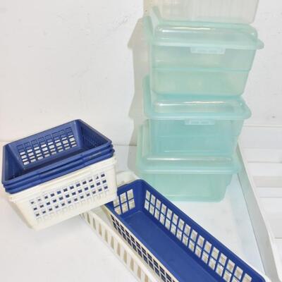 14 pc Small Organizing Bins & Baskets: White, Blue & Clear