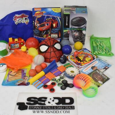Lot of Toys and Balls, Spider Man Wall Decor, Coin Counting Jar, Fidget Toys