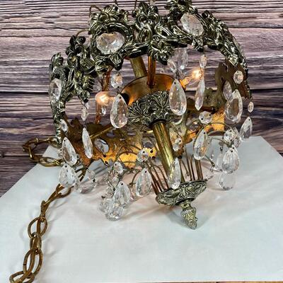 Small Hollywood Regency Vintage Hanging Swag Crystal Lamp Chandelier Light