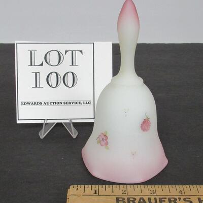 Vintage Fenton Rosaline Hand Painted Satin Glass Bell, Artist Signed 