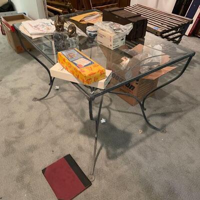 FANCY WROUGHT IRON GLASS TOP PATIO TABLE AND 4 MATCHING CHAIRS. BUY THE SET NOW $200