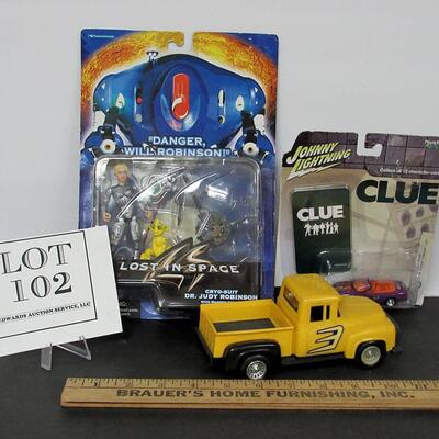 Dr. Judy Robinson Figure MIP, Johnny Lightning Clue Car, MIP, and Strombecker 1958 Ford Truck Plastic