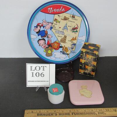 Lot of Vintage Advertising: Nevada Tray, Case Bathroom Tile, Ponds Jar, Brown and Sharp Empty Box