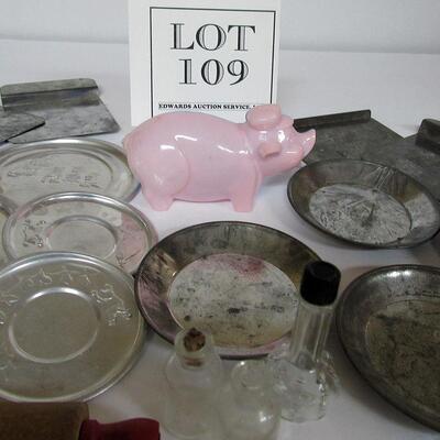 Lot of Vintage Kid's Tin and Aluminum Dishes and Plastic Pig Bank, 3 Little Glass Bottles, Toy Rolling Pin