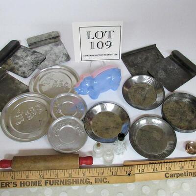 Lot of Vintage Kid's Tin and Aluminum Dishes and Plastic Pig Bank, 3 Little Glass Bottles, Toy Rolling Pin