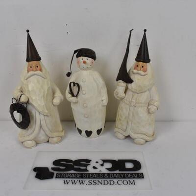 3 pc Christmas/Winter Decor, B&W Carved & Painted Wood Santas & Snowman