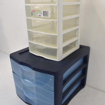 2 pc Desk Top Organizers: White/Clear 5 Drawers & Blue 3 Drawers