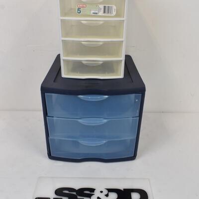 2 pc Desk Top Organizers: White/Clear 5 Drawers & Blue 3 Drawers