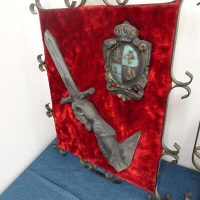 LOT 754 VINTAGE METAL AND VELVET WALL DECOR