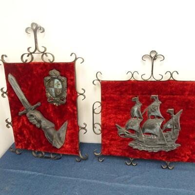 LOT 754 VINTAGE METAL AND VELVET WALL DECOR