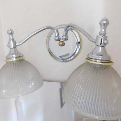Set of Three Nickel Finish Double Arm Vanity Light Fixtures with Ribbed Shades