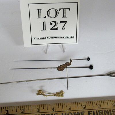 Long Sterling Antique Hat Pin, 2 Shorter Hatpins, Stick Pin, and One Modern Santa Tie or Lapel Pin