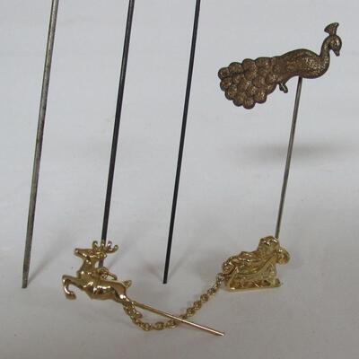 Long Sterling Antique Hat Pin, 2 Shorter Hatpins, Stick Pin, and One Modern Santa Tie or Lapel Pin