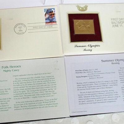 Lot of 1st Day Issue 22K Gold Replica Stamps: Folk Heroes, 1996 Mighty Casey, 1992 Summer Olympics Boxing
