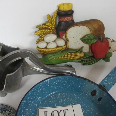 Vintage Kitchenware: Graniteware Pans, Chamberstick, Blue Willow Metal Hot Plate, Juicer, Wall Plaque