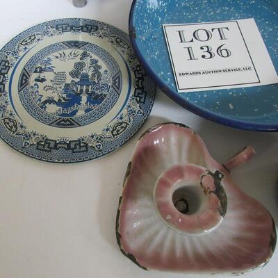 Vintage Kitchenware: Graniteware Pans, Chamberstick, Blue Willow Metal Hot Plate, Juicer, Wall Plaque