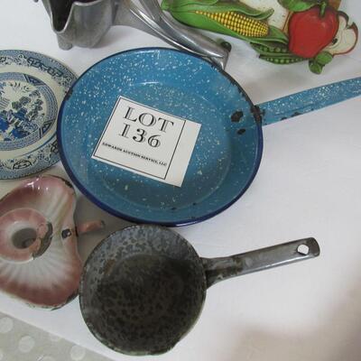 Vintage Kitchenware: Graniteware Pans, Chamberstick, Blue Willow Metal Hot Plate, Juicer, Wall Plaque