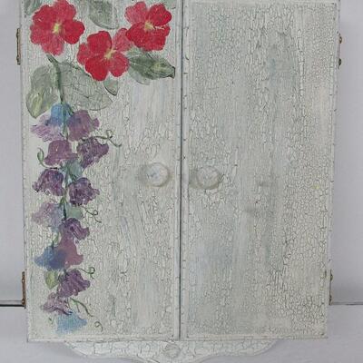 Wood Wall Keys Cabinet, White Distressed Look Paint With Flowers