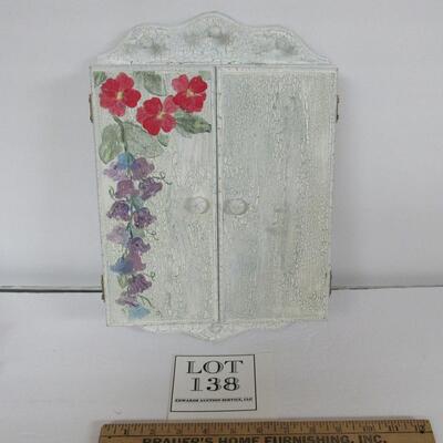 Wood Wall Keys Cabinet, White Distressed Look Paint With Flowers
