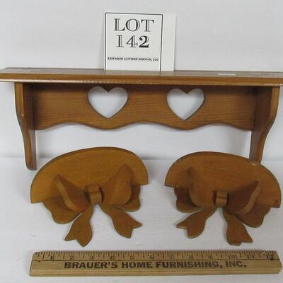 3 Wood Wall Shelves, One With Plate Rail and Hearts, Two Small With Bows