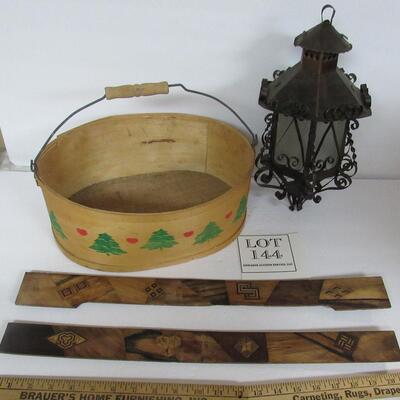 Wood Handled Basket, Outdoor Metal Candle Holder, 2 Decorative Vintage Wood Pieces